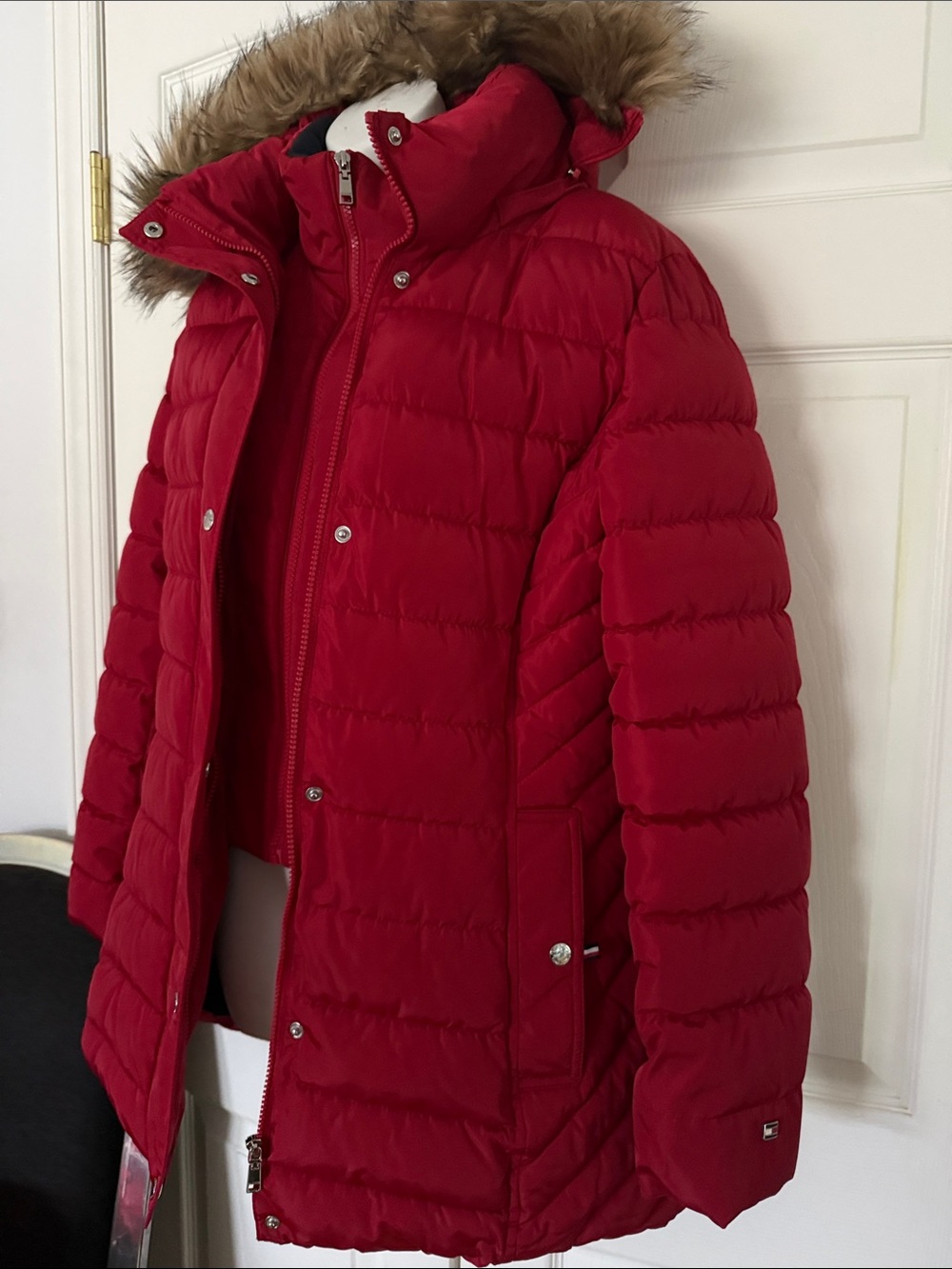 Tommy Hilfiger Red Quilted Puffer Coat with Faux Fur Trim